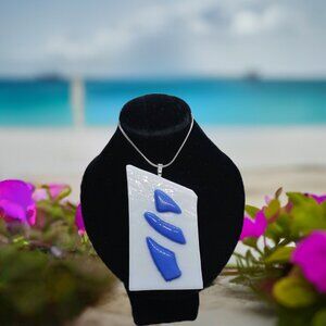 Statement pendant necklace Nautical colors abstract style fused glass jewelry